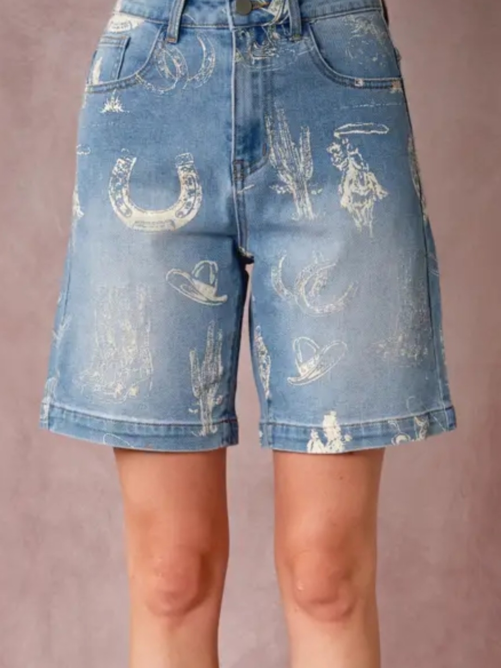 BLUE B High-Rise Light Blue Western Printed Denim Shorts